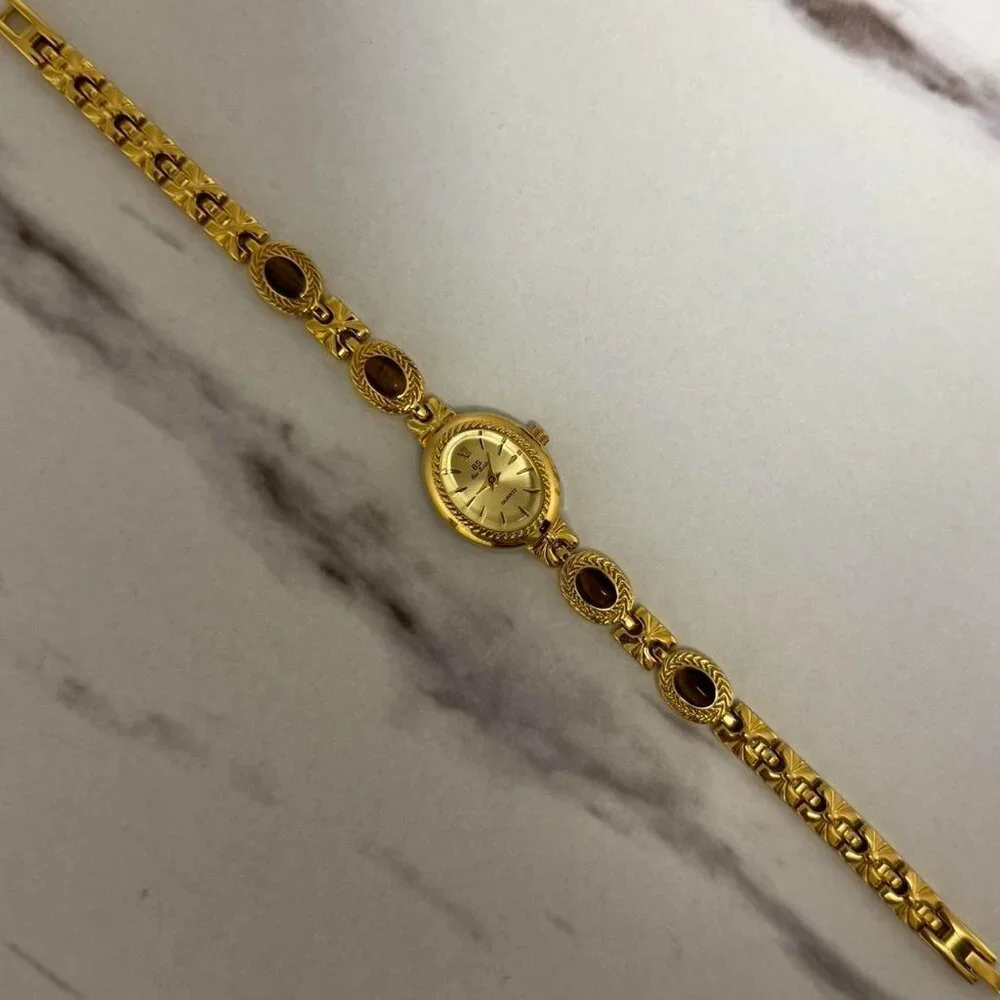 Sku0461‎ gold mini watch bracelet with brown natural stone inserts vintage style